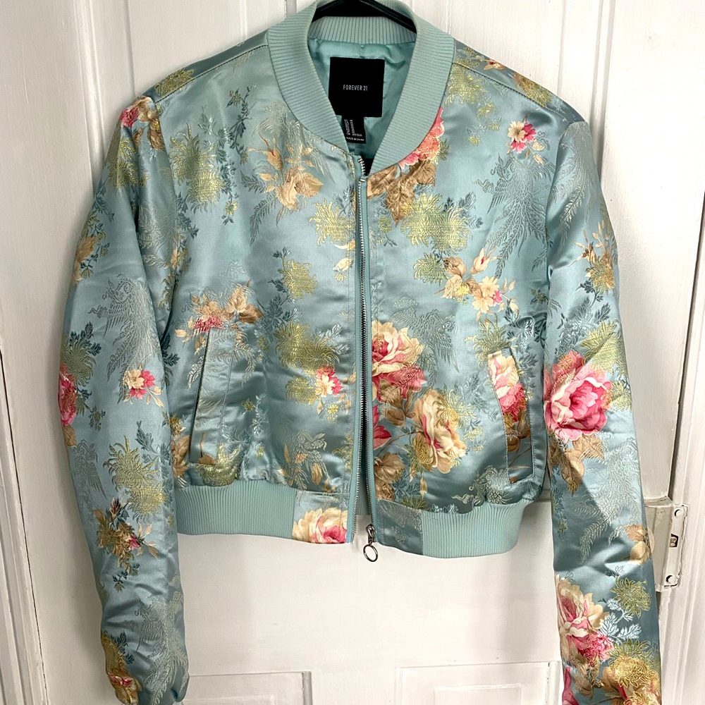 Cropped Satin Floral Print Bomber Jacket